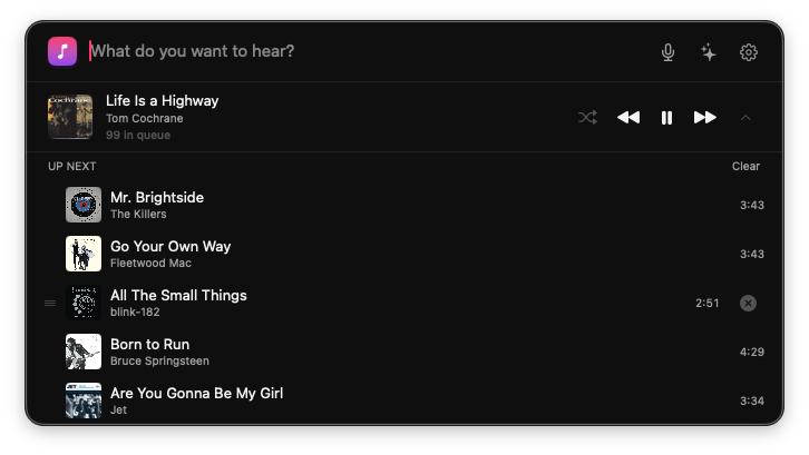 AskPlay expanded window showing 'Life Is a Highway' playing with an Up Next queue