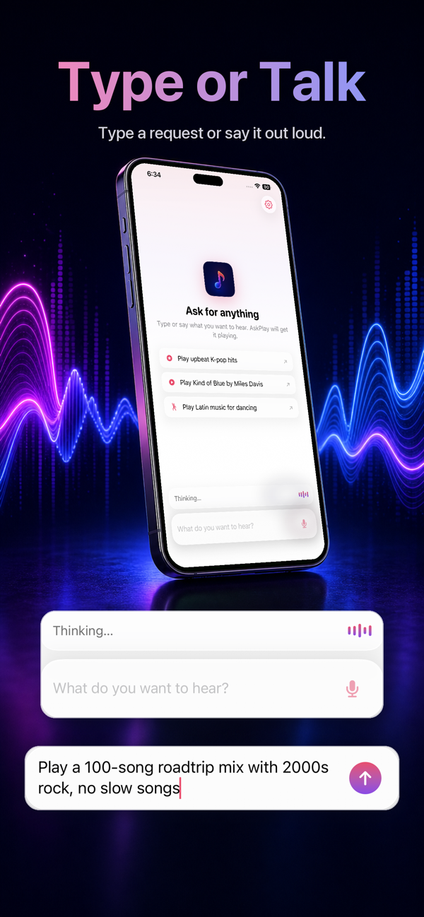 AskPlay on iPhone: type a request or say it out loud